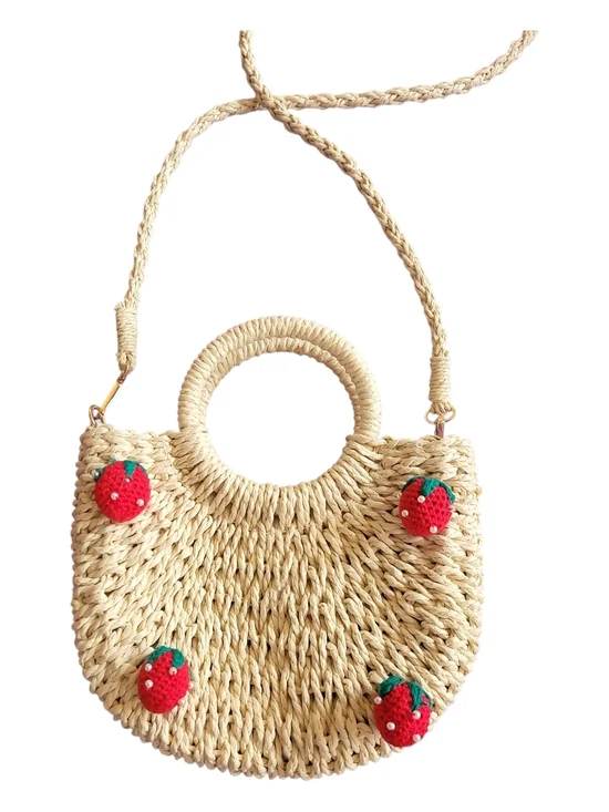 Small Straw Woven Crossbody Bag with Strawberry Embellishments - Natural - Picture 2 of 7